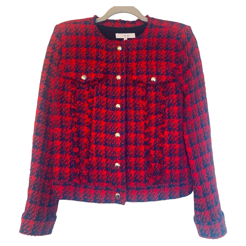 IRO Paris Quilombe Red Blue Metallic Frayed Tweed Jacket Blazer Size 36/4